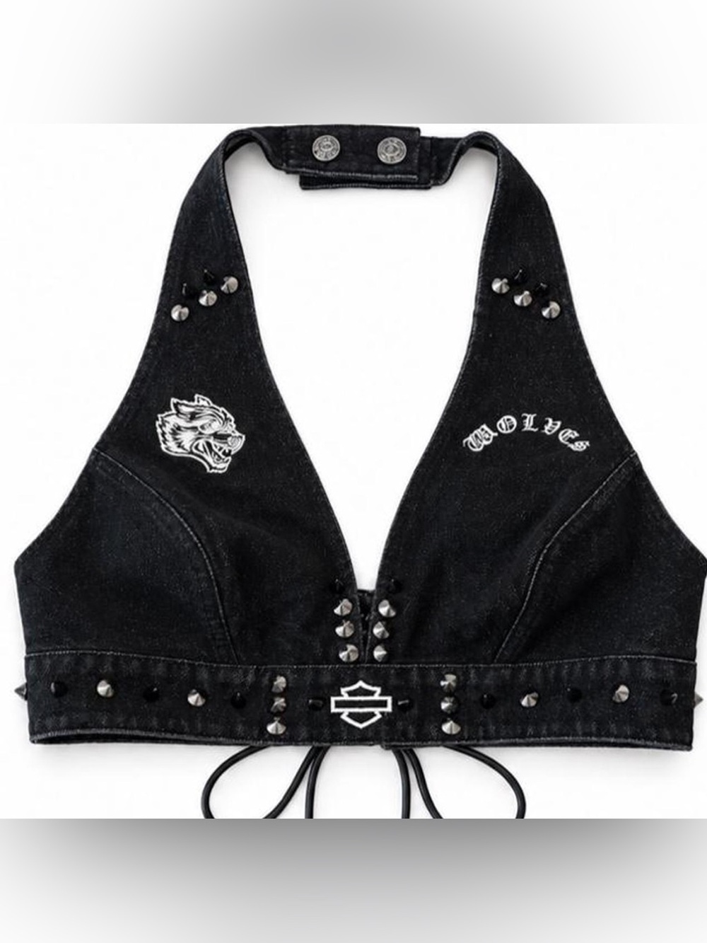 DARC SPORT |CUSTOM| Harley Davidson| H-D Wolves Denim Halter Top |LRG| NWT